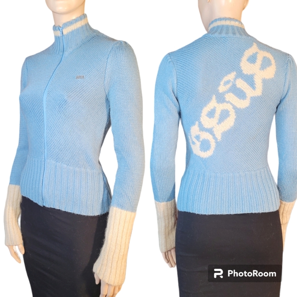 Vintage Y2K GSUS Mohair Blend Full Zip Turtleneck Sweater blue size small